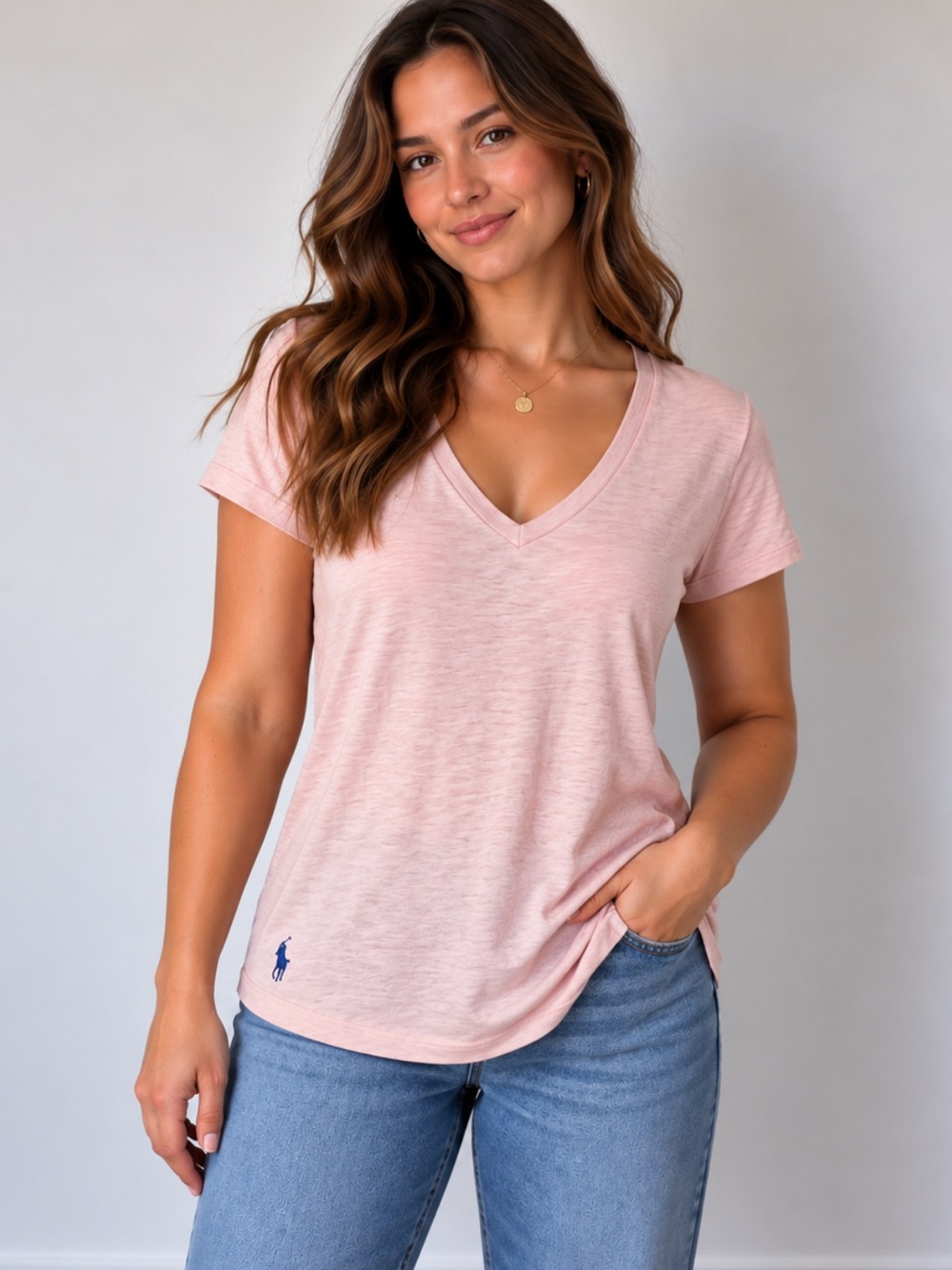 Polo Ralph Lauren Pink V Neck T-Shirt Size M Preppy Coastal Casual Classic